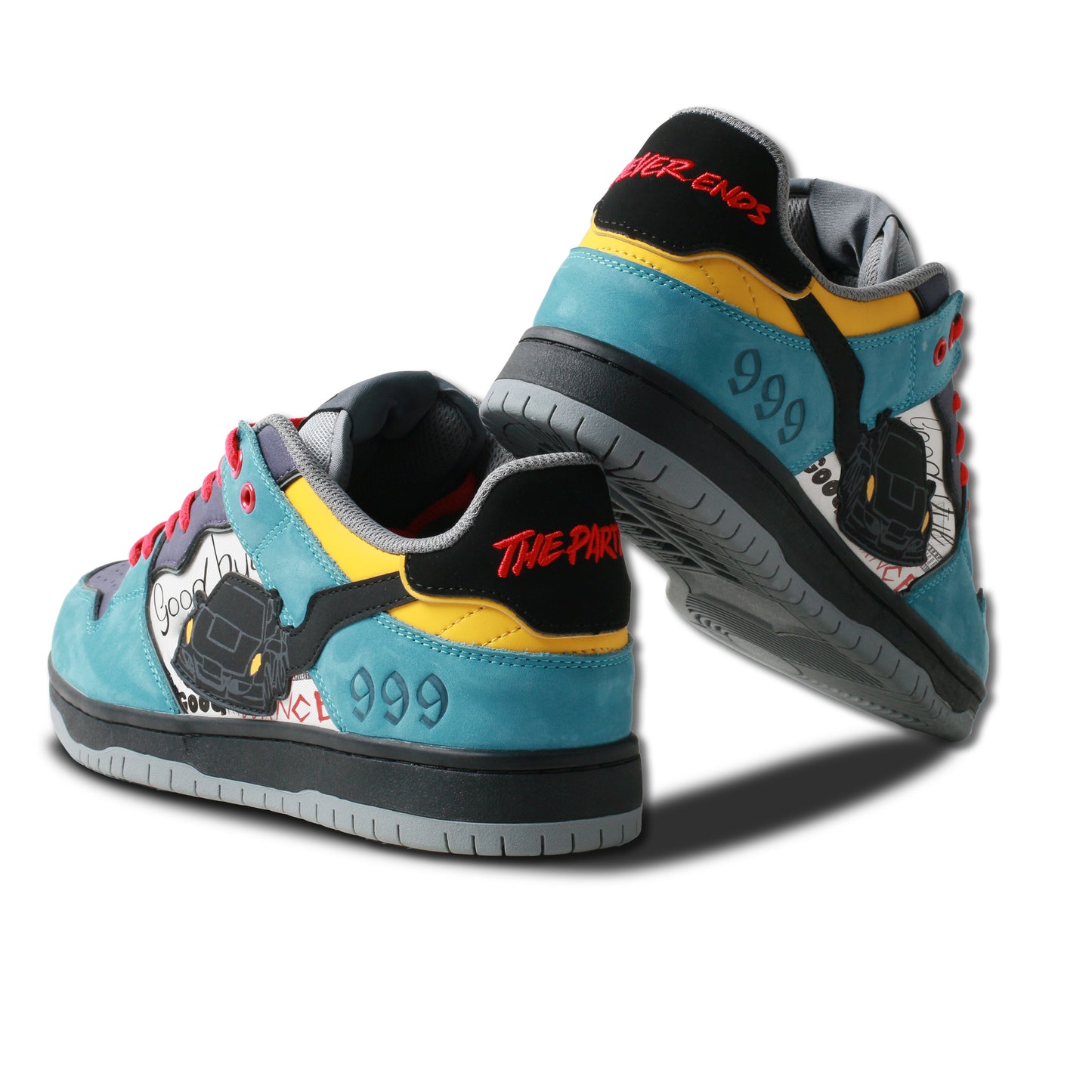 Heel of GBGR sneakers with 999 logo pressed and “the party never ends” embroidery.