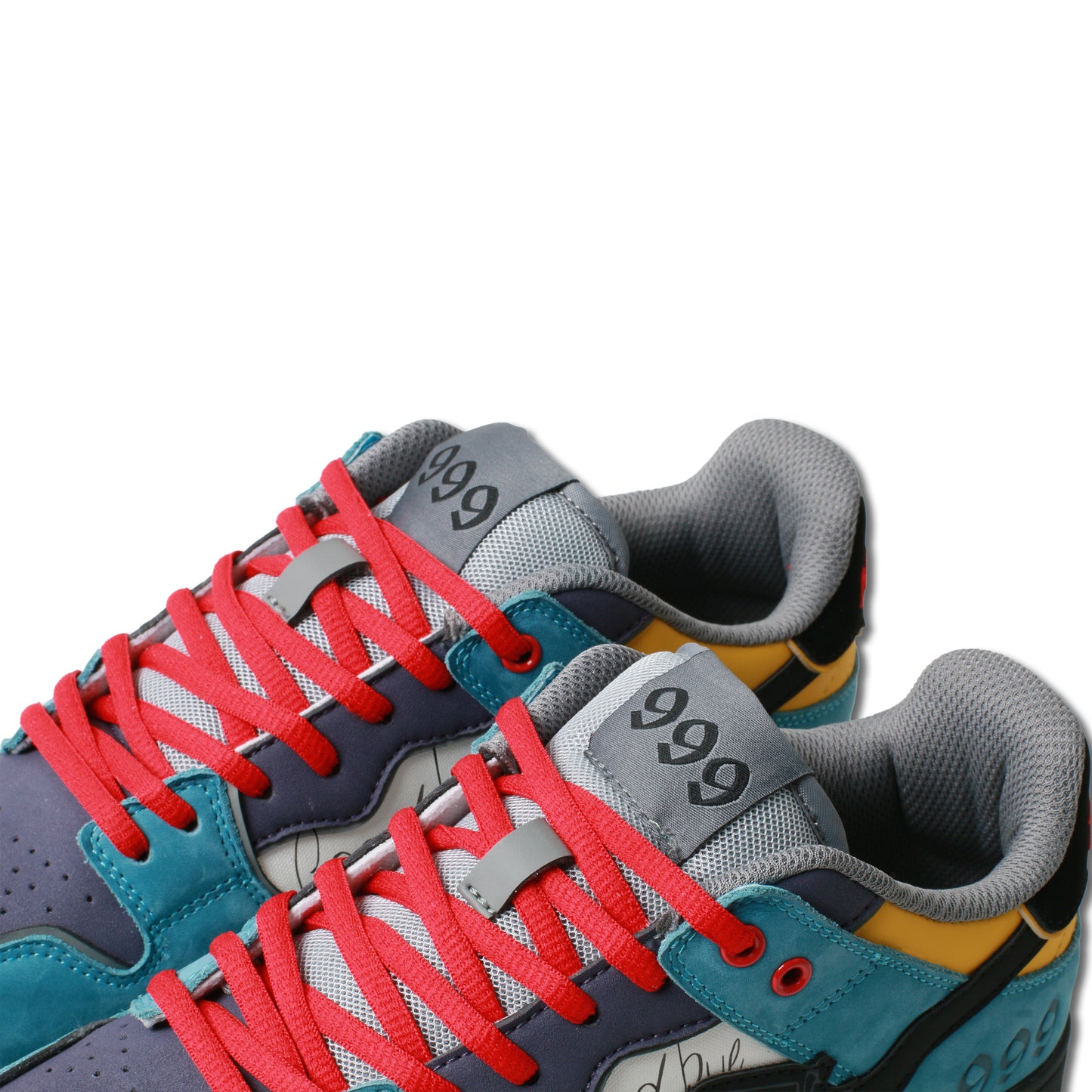 999 custom shoes tongue close-up, featuring embossed 999 logo