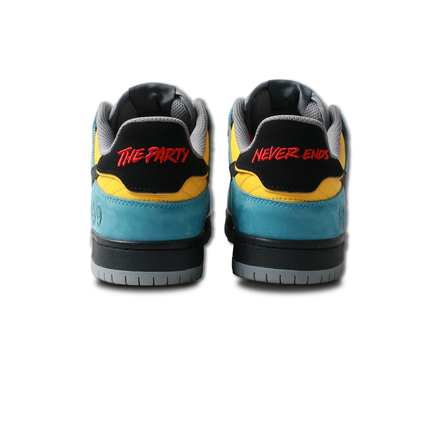 Heel of GBGR sneakers with “the party never ends” embroidery.